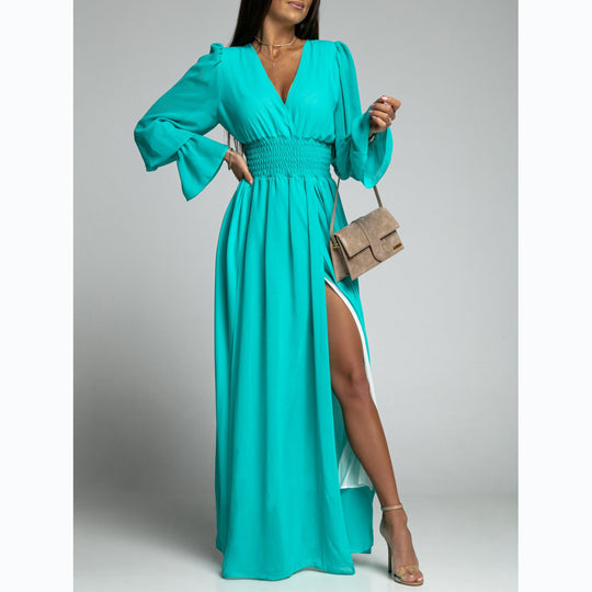 Damen Maxi-Kleid mit tiefem V-Ausschnitt und voluminösen Ärmeln EB