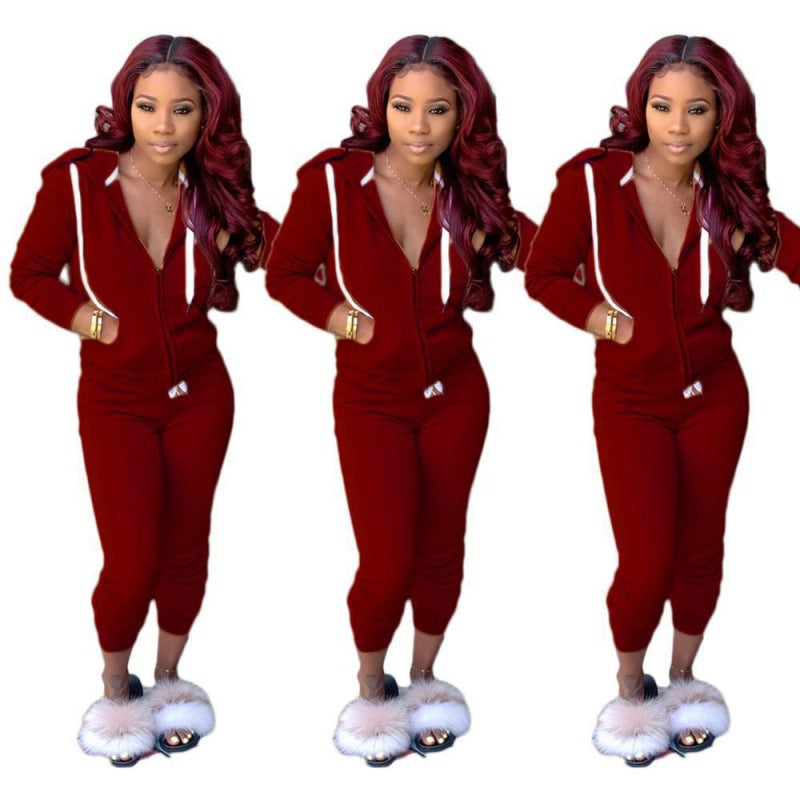 Damen tailliertes Kapuzen‑Sweatdress‑Set mit Reißverschluss und enganliegender Jogginghose EB
