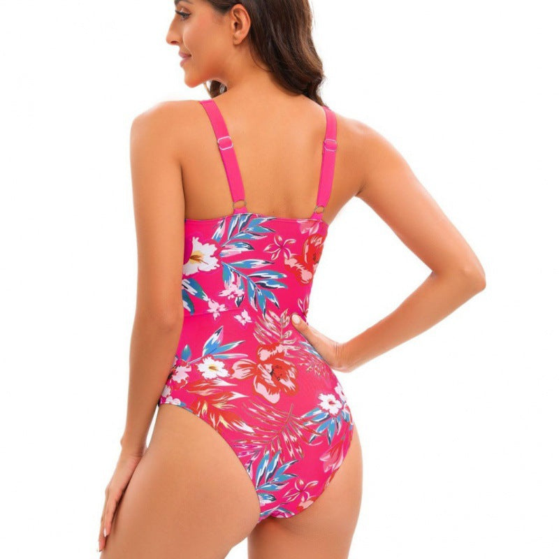 Damen Einteiler Badeanzug mit floralem Design und modernem V-Ausschnitt EB