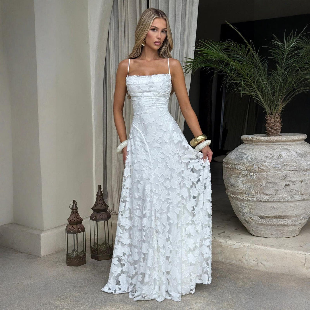 Damen Maxikleid mit floralem Spitzenmuster und schwingendem Rock EB