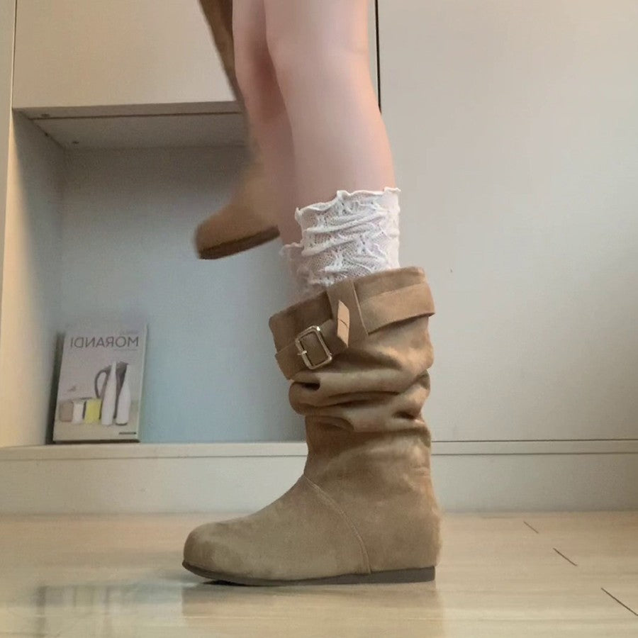Damen Elegante und lässige Winterstiefel mit modischem Falten-Design und praktischer Schnalle EB