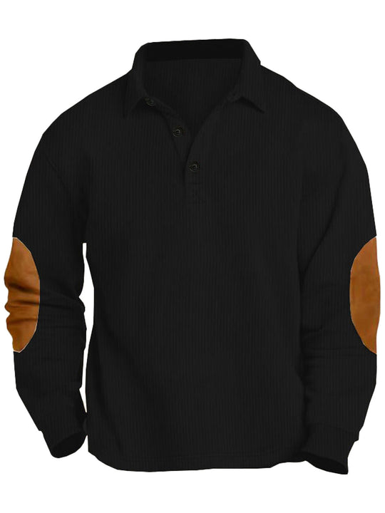 Herren nan legeres Langarm-Poloshirt mit Hemdkragen, kurzer Knopfleiste, feiner Struktur und Velours-Ellenbogenbesatz EB