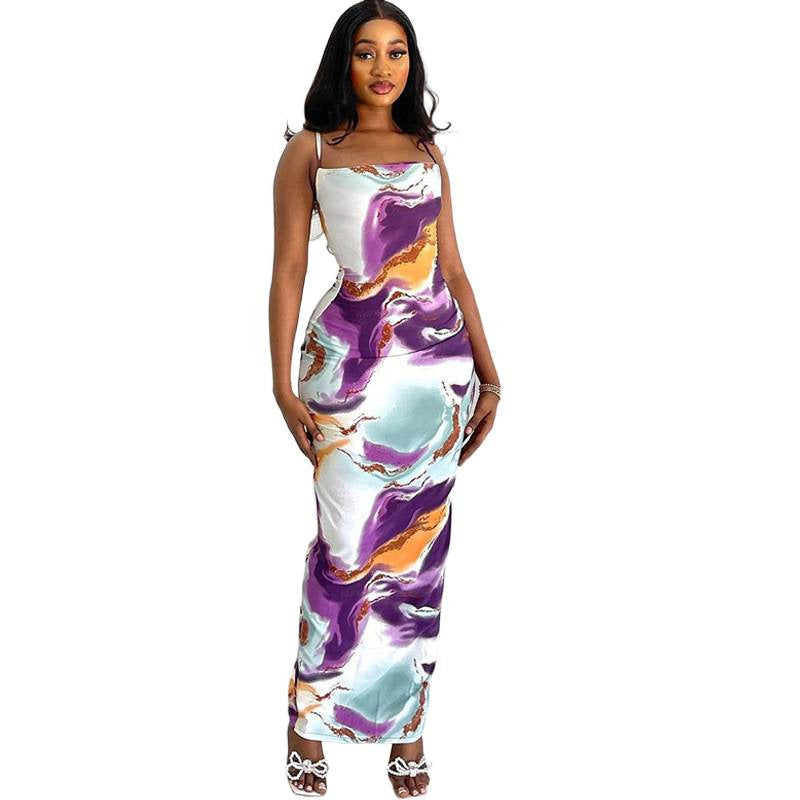 Damen Maxikleid mit anpassbarem Spaghettiträgerschnitt und schickem Marmor-Design EB