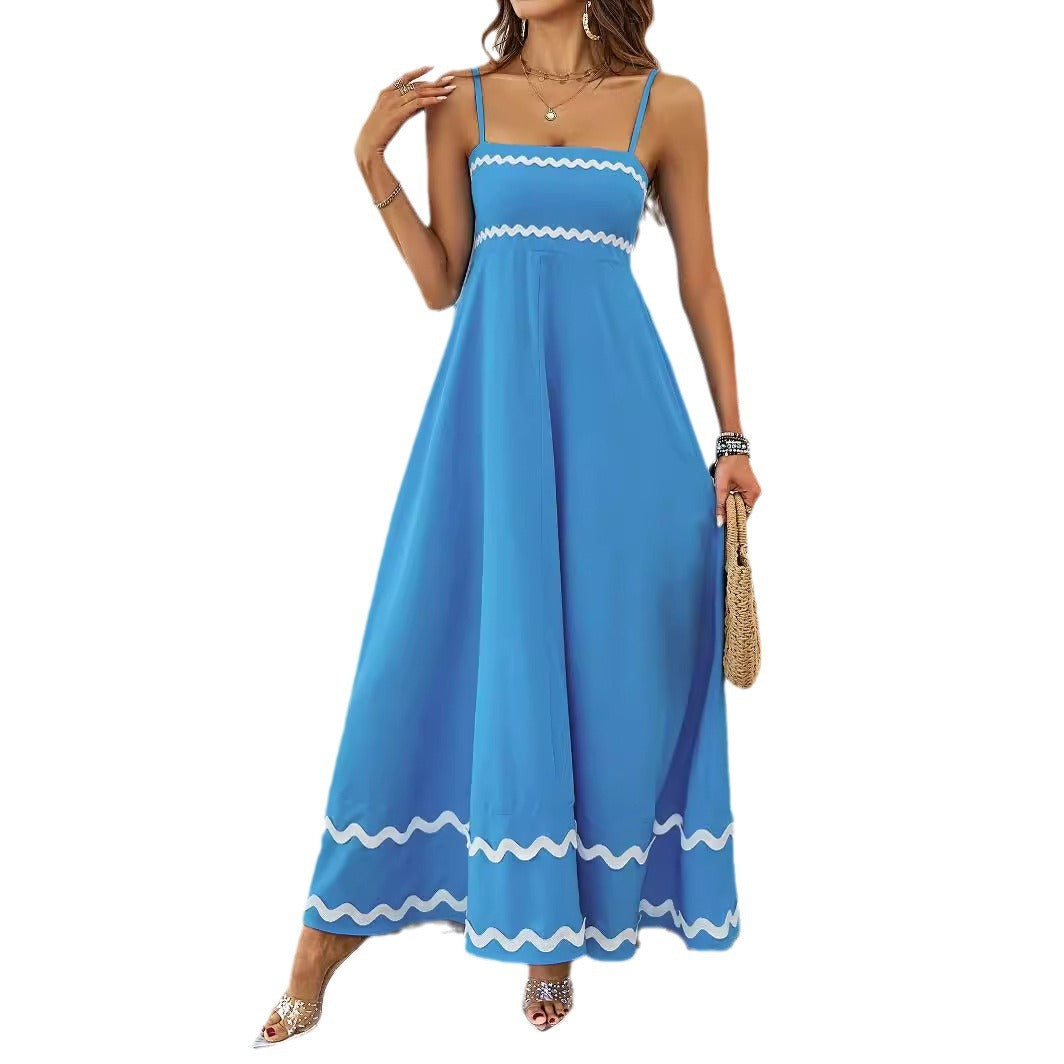 Damen Lange Maxi-Kleid mit Spaghetti-Trägern und dekorativem Saum EB