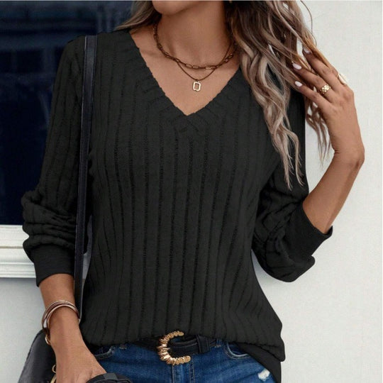 Damen Strickpullover mit V-Ausschnitt und dekorativen Rippdetails EB