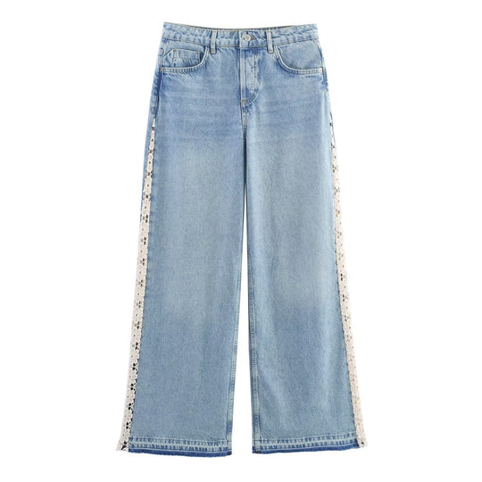 Damen weite Jeans mit floralen Spitzenapplikationen EB