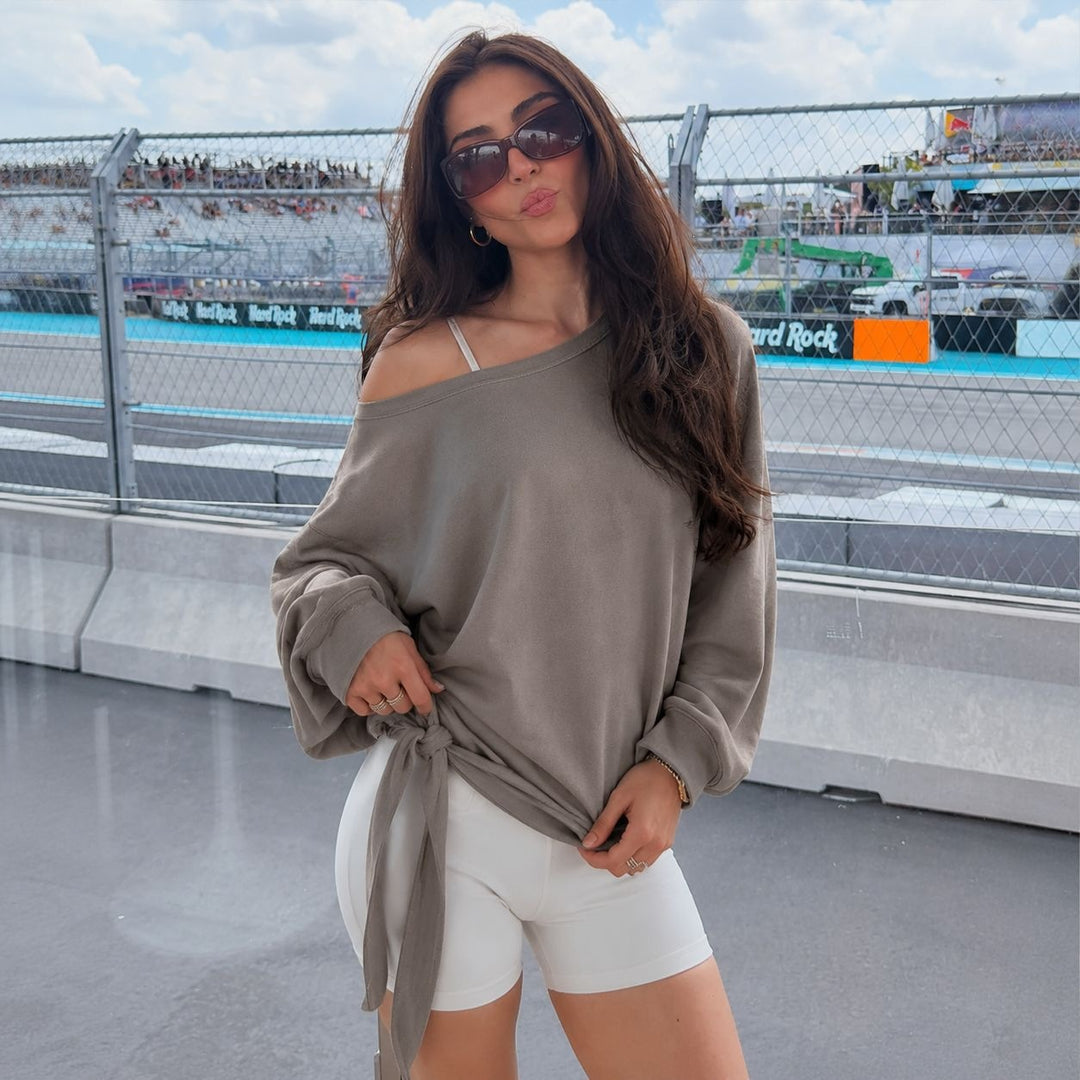 Damen schulterfreies Sweatshirt mit Knotengürtel und Oversize-Schnitt Eichborn Berlin