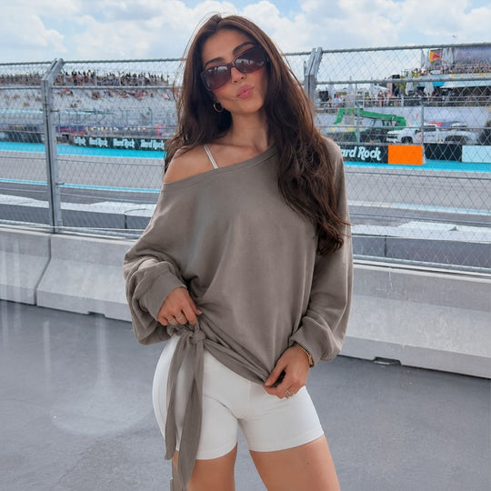 Damen schulterfreies Sweatshirt mit Knotengürtel und Oversize-Schnitt Eichborn Berlin