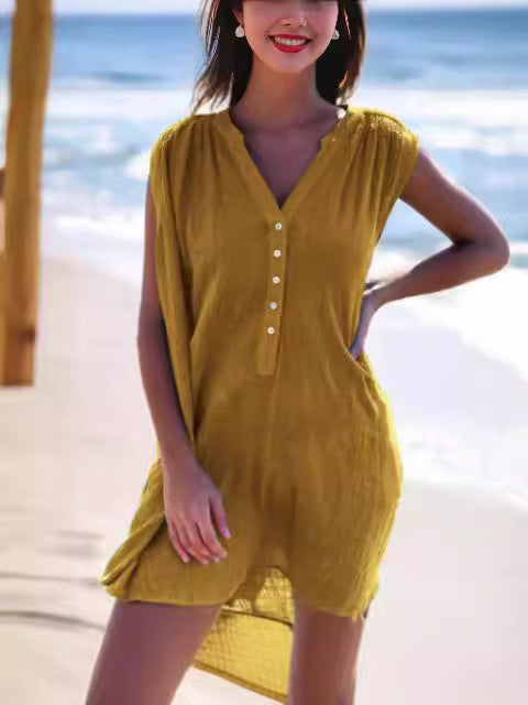 Damen Sommerliches Strandkleid mit kurzer Knopfleiste und V-Ausschnitt EB