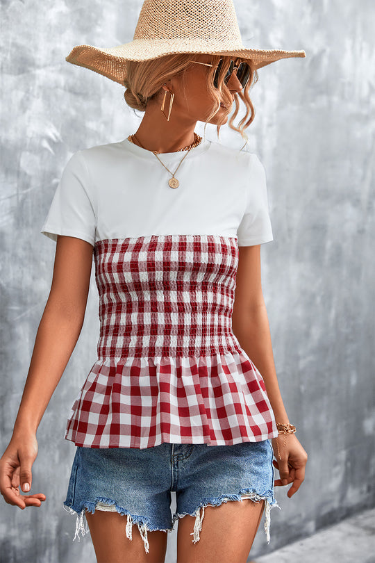 Damen Peplum-Oberteil mit kariertem Stoff und elastischer Taillierung EB