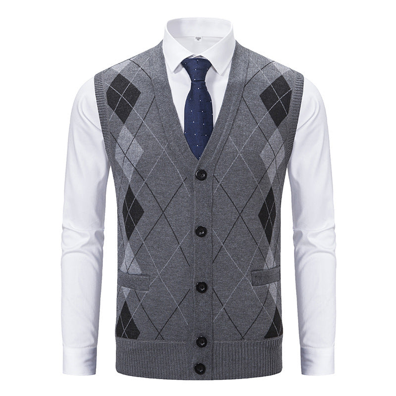 Herren elegante Strickjacke mit Rautenmuster und praktischen Taschen EB