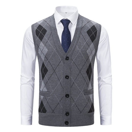 Herren elegante Strickjacke mit Rautenmuster und praktischen Taschen EB