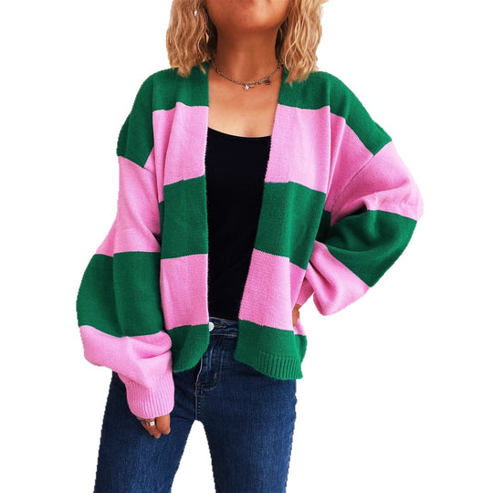 Damen lässige Strickjacke mit breitem Streifenmuster und extra weitem Schnitt EB