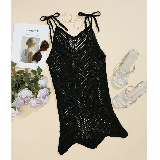 Damen Häkel-Strandkleid mit verstellbaren Trägern und dekorativem Netzdesign EB
