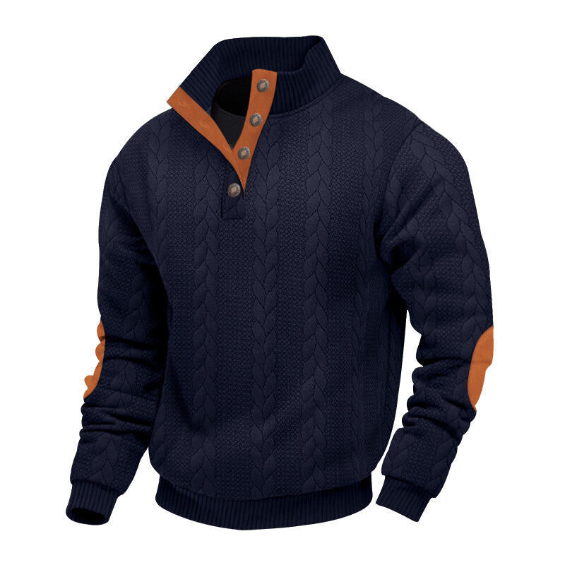 Herren nan grober Zopfstrick Troyer mit Knopfleiste und Veloursleder-Ellenbogenpatches EB