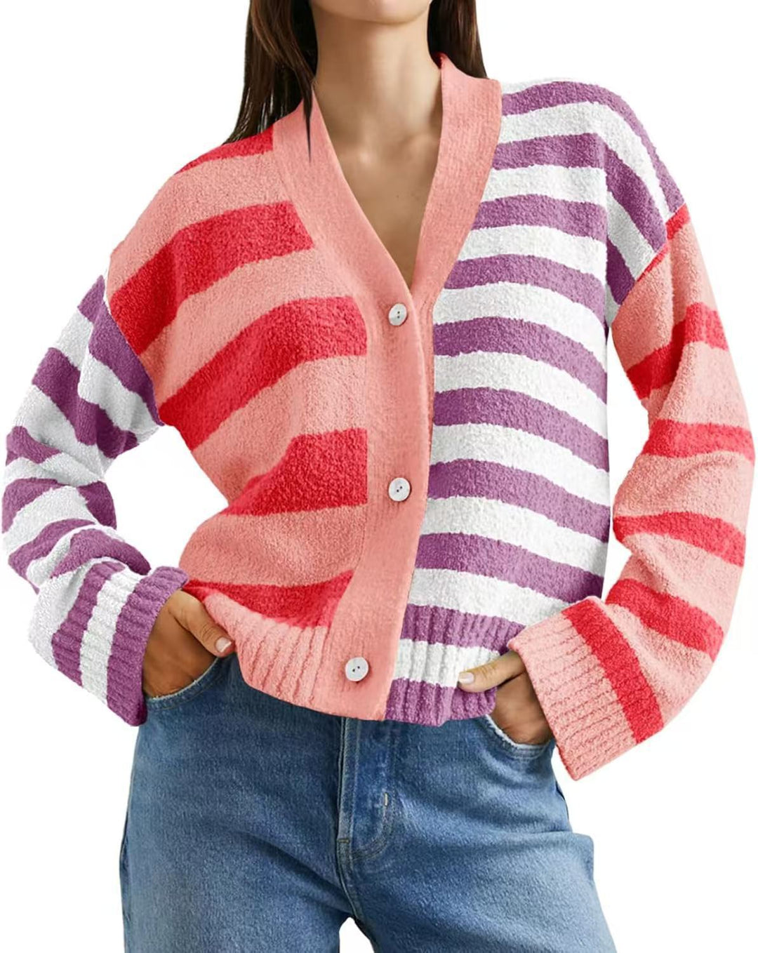Damen lockerer gestreifter Frottee-Cardigan mit V-Ausschnitt und Knopfleiste EB
