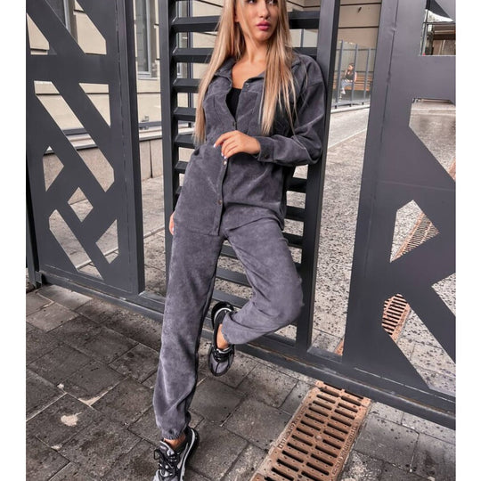 Damen bequeme Lounge-Set mit Knopfleiste und elastischen Bündchen EB