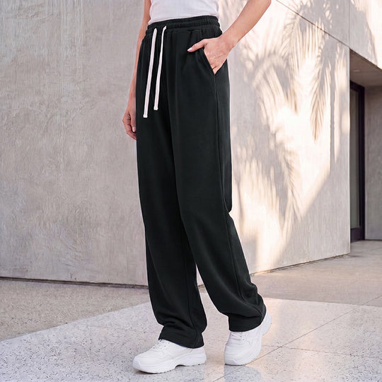 Damen nan weite Loungepalazzo-Hose mit hohem Komfortbund, Kordelzug, seitlichen Eingrifftaschen und dekorativer Seitennaht EB