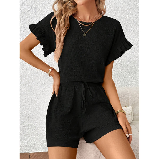 Damen Kurzarm-Overall mit Rüschendetails und Bindegürtel EB