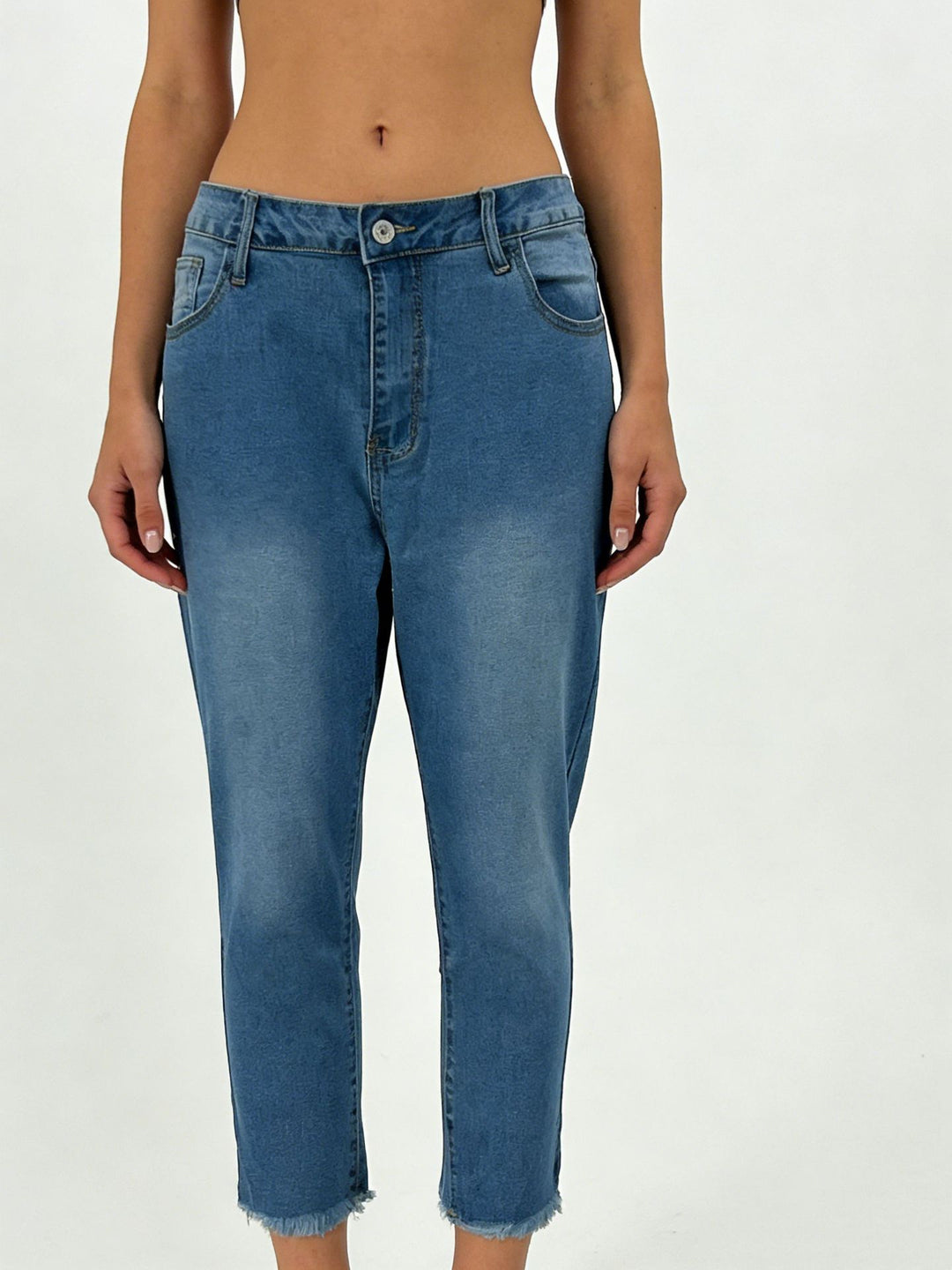 Damen nan schmale knöchellange Jeans mit rohem Fransenabschluss und mittelhoher Taille EB