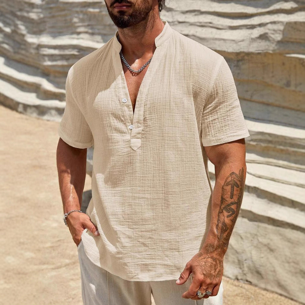 Herren Kurzarm Henley Hemd mit modernem Stehkragen aus leichtem Baumwollmaterial EB