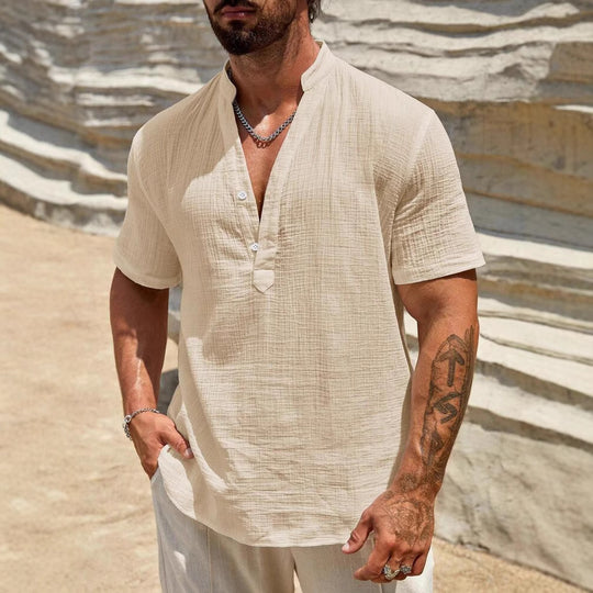 Herren Kurzarm Henley Hemd mit modernem Stehkragen aus leichtem Baumwollmaterial EB