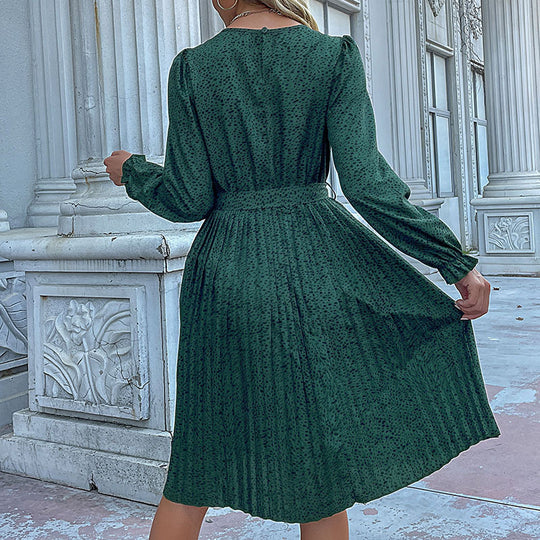Damen Midikleid mit elastischem Taillengürtel und femininem Punktenmuster EB