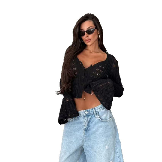 Damen Stylische Strickjacke mit V-Ausschnitt und Schlagärmeln EB