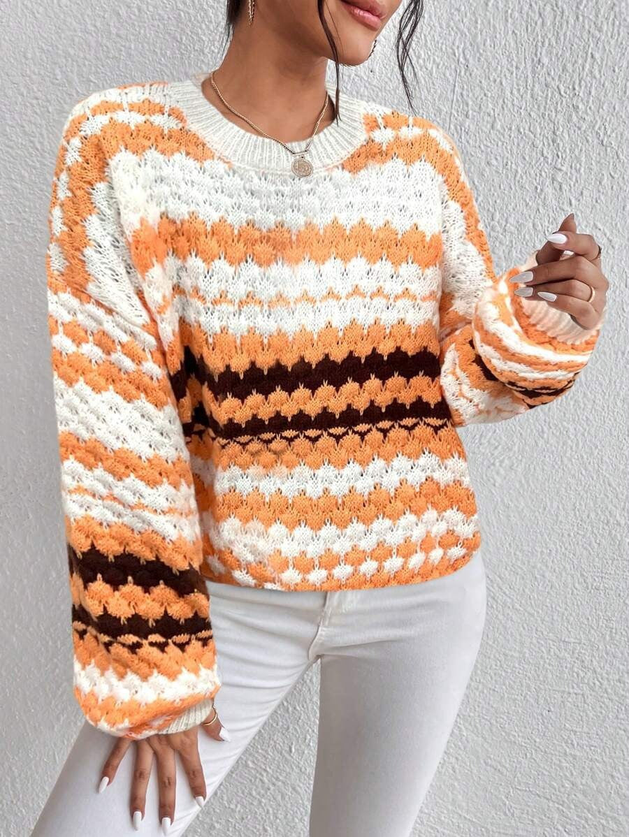 Damen Strickpullover mit kreativem Lochmuster und modischen Farbakzenten EB