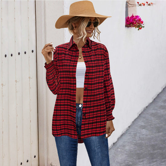Damen Karobluse mit angeschnittenen Ärmeln und elastischen Ärmelsäumen EB
