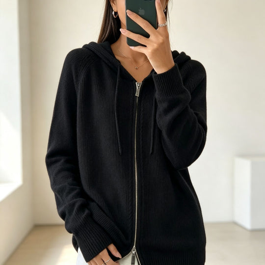 Damen Kapuzen-Cardigan mit Reißverschluss, feinem Feinstrick und gerippten Bündchen EB