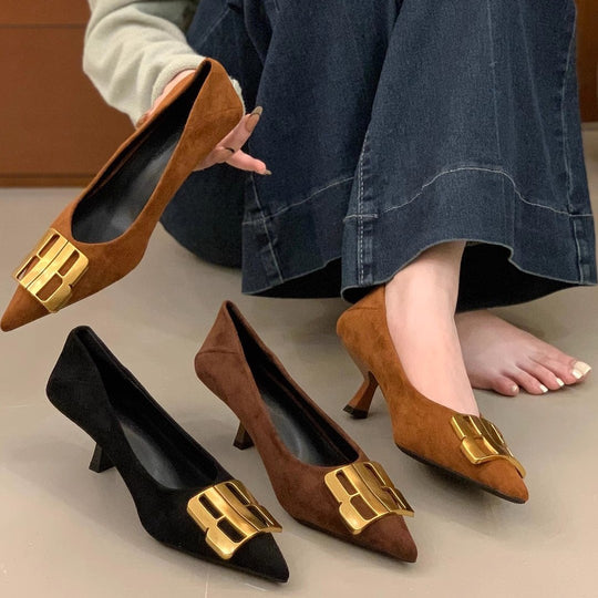 Damen elegante Slingback Pumps mit goldener Schnallenverzierung EB