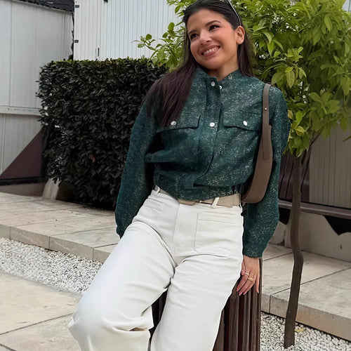 Damen modische Utility-Jacke mit Taschen und Druckknöpfen EB