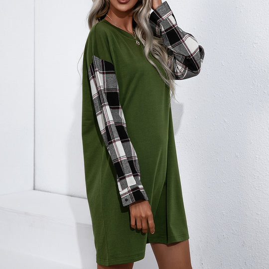 Damen lässiges Sweatshirt-Kleid mit karierten Ärmeln EB