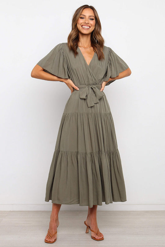 Damen Maxikleid mit tiefem V-Ausschnitt und schwingenden Ärmeln EB
