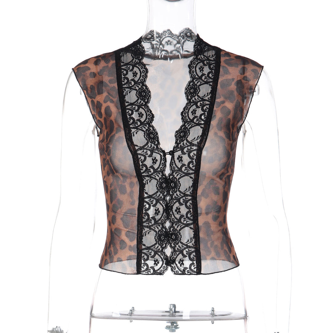 Damen Transparente Spitzenbluse mit Leopardenmuster EB 1778568971