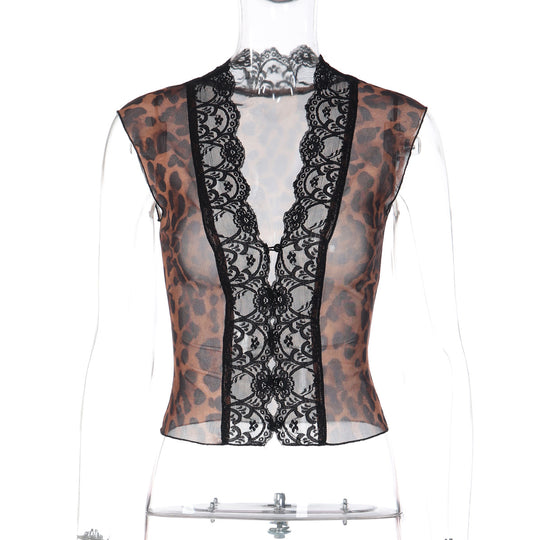 Damen Transparente Spitzenbluse mit Leopardenmuster EB 1778568971