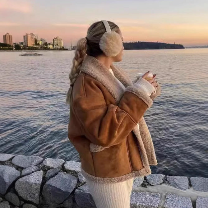 Damen kuschelige Blazerjacke im Teddy-Look mit praktischem Taschen EB