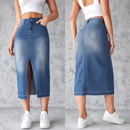 Damen Denim-Midirock mit hohem Schlitz und fransigem Saum EB