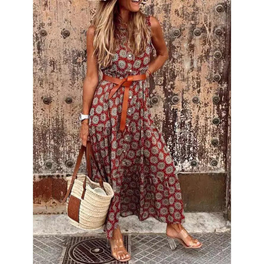Damen Bohemian Maxi Kleid mit verstellbarem Gürtel EB