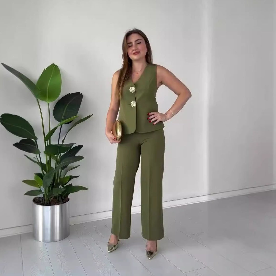 Damen Ärmelloses Tailoring-Set mit taillierter Weste, Zierknöpfen und weiter Palazzo-Hose EB