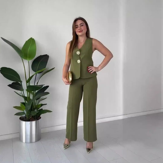 Damen Ärmelloses Tailoring-Set mit taillierter Weste, Zierknöpfen und weiter Palazzo-Hose EB