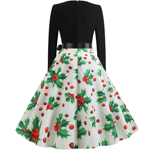 Damen Festliches A‑Linien Tellerrockkleid mit langem Arm, taillierter Passform und Stechpalmenprint EB