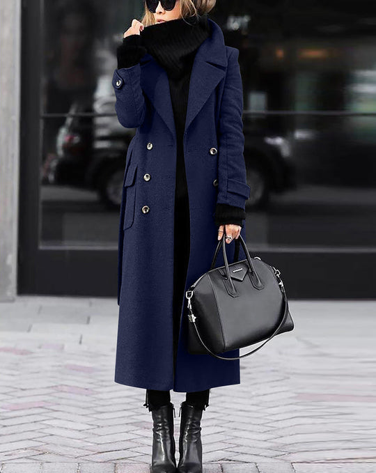 Damen nan eleganter Maxi-Wollmixmantel mit doppelreihiger Knopfleiste, weitem Reverskragen und aufgesetzten Taschenklappen EB