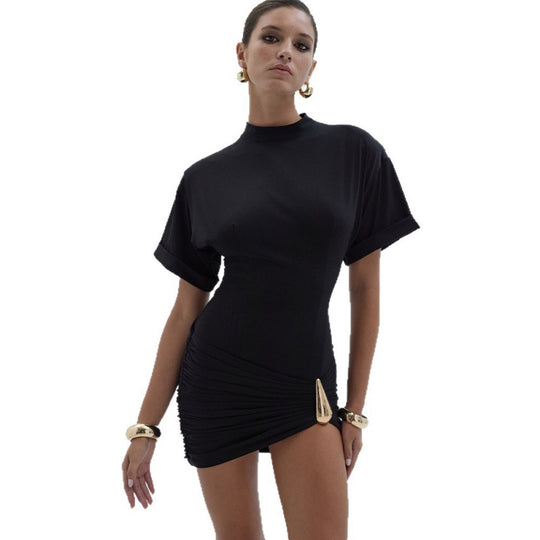 Damen figurbetontes Minikleid mit elegantem Wickeldesign und goldenen Akzenten EB