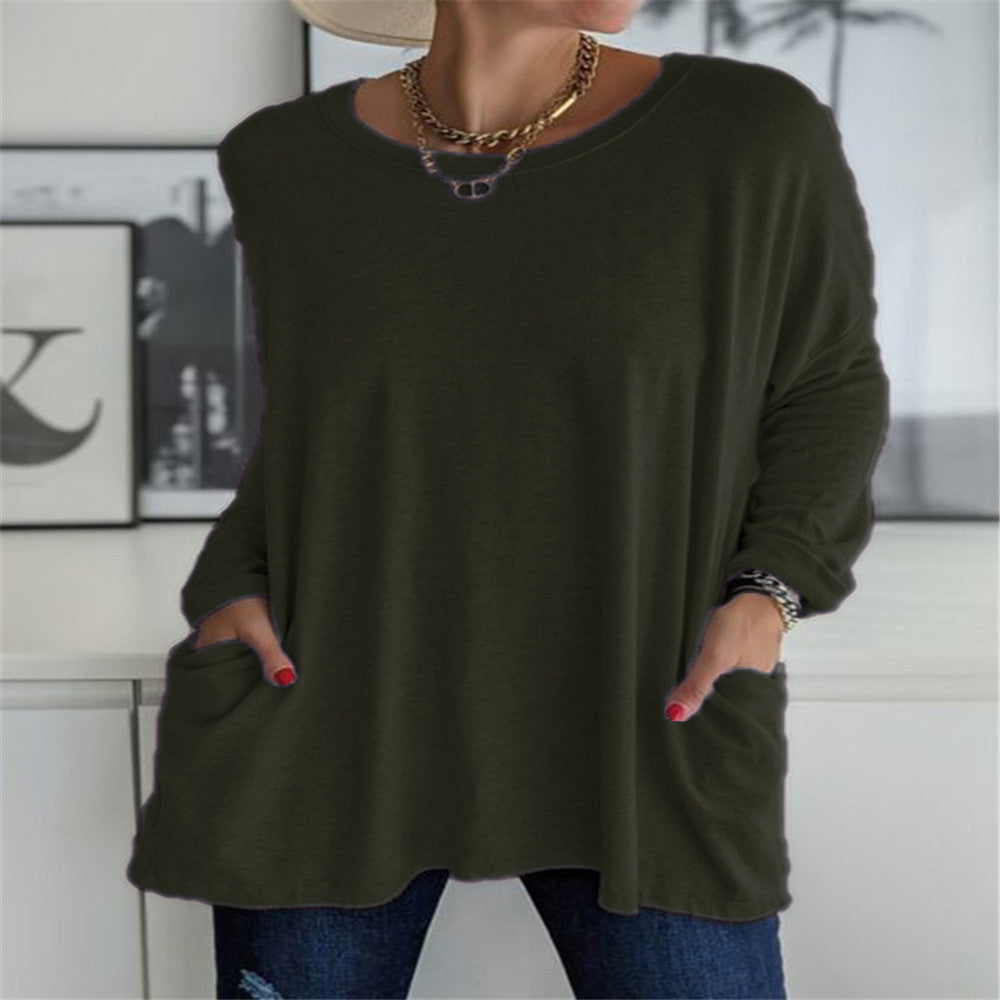 Damen nan oversized Longsleeve-Tunika mit Rundhalsausschnitt, überschnittener Schulter und aufgesetzten Taschen EB