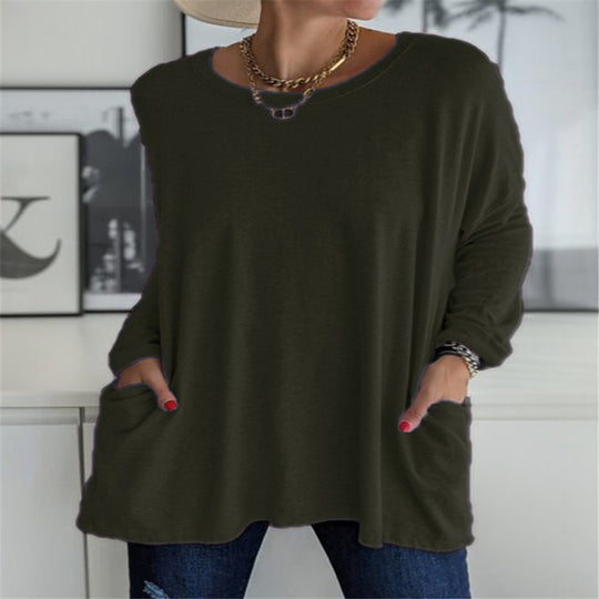 Damen nan oversized Longsleeve-Tunika mit Rundhalsausschnitt, überschnittener Schulter und aufgesetzten Taschen EB