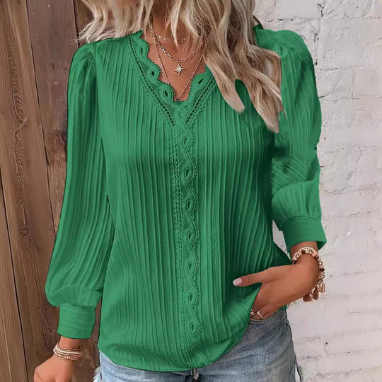 Damen nan romantische V-Ausschnitt Spitzenbluse mit Plissee und Puffärmeln EB