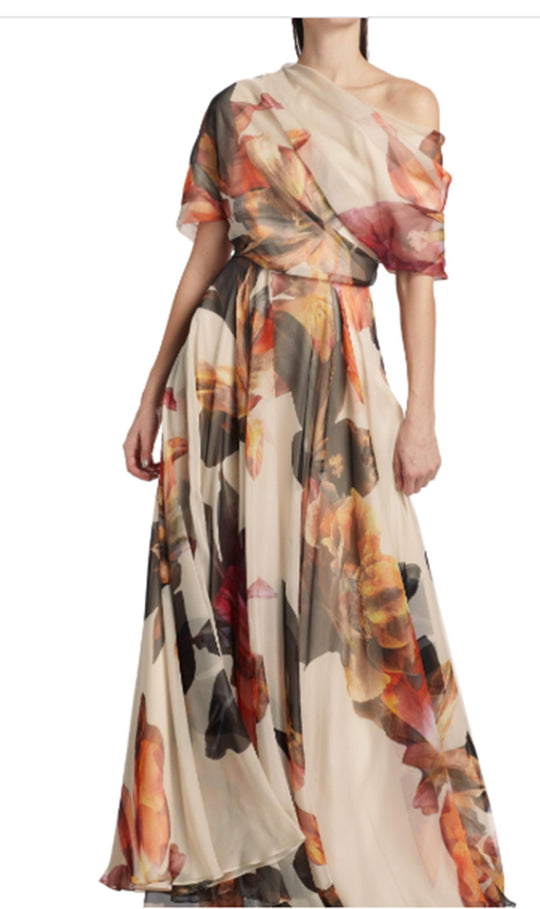 Damen elegantes Chiffon-Kleid mit schulterfreiem Design und floralem Muster EB