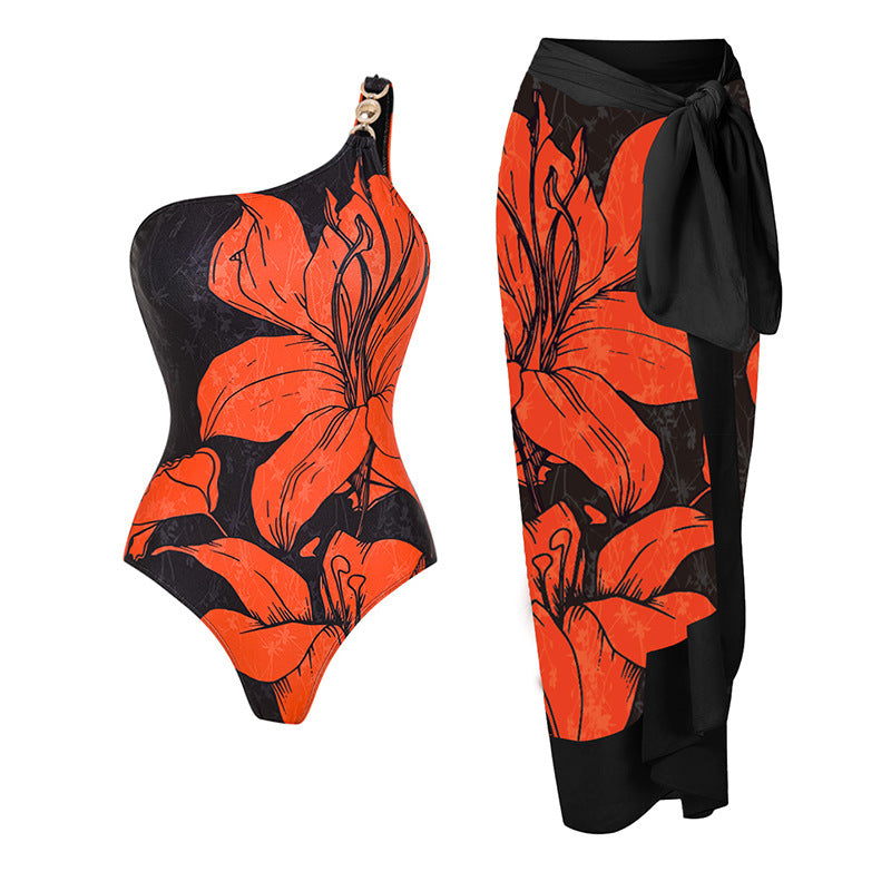Damen Badeanzug mit asymmetrischem Schnitt und floralen Akzenten EB